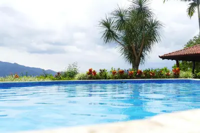 a swimming pool with a palm tree and flowers at Bungalows Sanlaz in Barrio Jesús