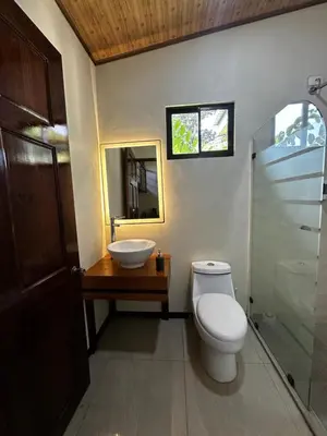 a bathroom with a toilet and a sink and a mirror at Modern Loft inside a beautiful farm in General Viejo