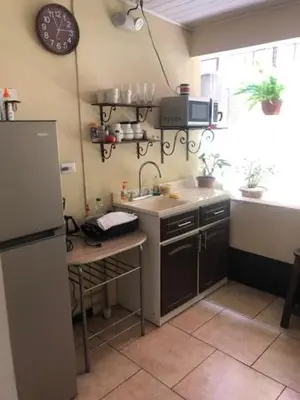 a kitchen with a sink and a refrigerator at #2 private room close to airport in Alajuela City
