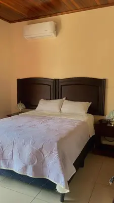 a bedroom with a large bed with a wooden headboard at Hotel La Guaria in Liberia
