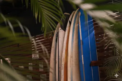 a row of surfboards lined up on a rack at Refugio Surf Lodge in Tamarindo