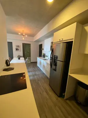 a kitchen with a refrigerator and a counter top at Cómodo y elegante apartamento en fabuloso condo! in San José