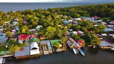an aerial view of a small island in the water at Hotel Serendipity in Tortuguero
