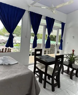 a bedroom with a bed and a table and chairs at Hotel Serendipity in Tortuguero