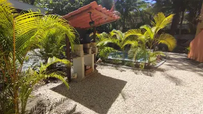 a small garden with palm trees and a building at Hotel Tabasco in Playa Flamingo