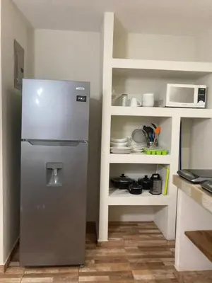 a kitchen with a refrigerator and a white shelf at Garza Tigre Apartamentos in Cóbano