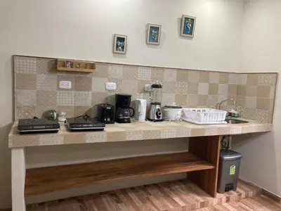 a kitchen counter with appliances on a counter top at Garza Tigre Apartamentos in Cóbano