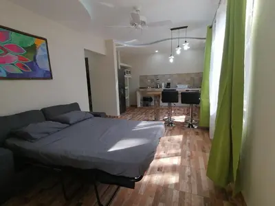 a bedroom with a bed and a living room at Garza Tigre Apartamentos in Cóbano
