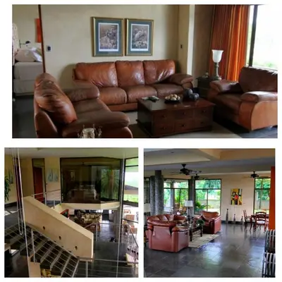 two pictures of a living room with a leather couch at Beautiful estate in quiet surroundings close to beach in Naranjito