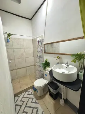 a bathroom with a sink and a toilet at Passifloras Hostel in Quepos