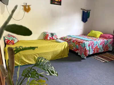 two beds in a room with yellow sheets at Passifloras Hostel in Quepos