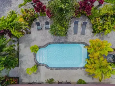 an overhead view of a swimming pool in a garden at Hotel Sierra Arenal in Fortuna