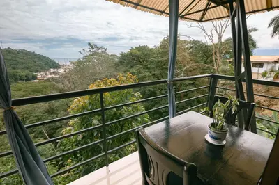 a table with a plant on a balcony with a view at Vista del Pacifico Boutique Hotel in Quepos