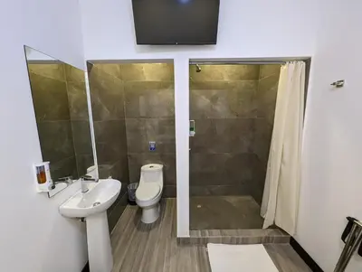 a bathroom with a shower and a toilet and a sink at Hotel Cayuga in Puntarenas