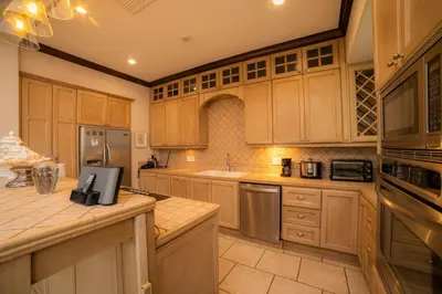 a kitchen with wooden cabinets and stainless steel appliances at Vista Bahia 3C 3 bdr Ocean View in Los Suenos in Herradura
