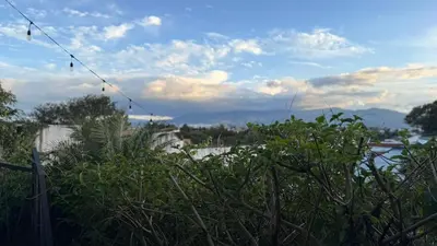 a view from a garden with a fence and trees at Airport Traveler's home. in Alajuela City
