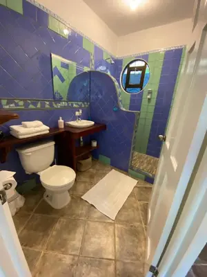 a blue and green bathroom with a toilet and a sink at Casa Maiana in Sámara