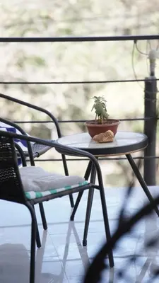 a table with a potted plant and a chair on a porch at Hakuna in San Juanillo