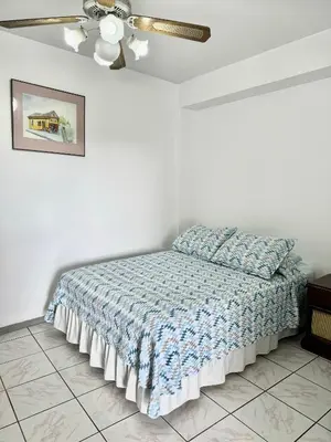a bedroom with a bed and a ceiling fan at Hotel Cacts in San José