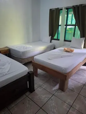 a room with two beds and a window at Cabinas Tortuguero Natural in Tortuguero