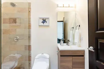 a bathroom with a toilet and a sink and a shower at Flamingo Estates 18- 4 Br House With Pool in Brasilito