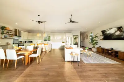 a kitchen and living room with a dining room and a living room at Casa Natura- 3 Bedroom Ocean View Home At Mar Vista in Brasilito
