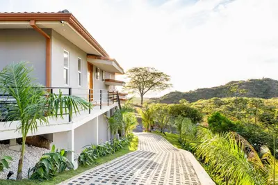 a walkway in front of a building with palm trees at Casa Natura- 3 Bedroom Ocean View Home At Mar Vista in Brasilito