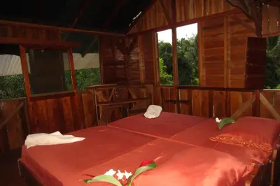 a bedroom with a red bed in a wooden house at Eco Lodge&Farm Rustic Roots Reserve in Drake