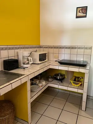 a kitchen with a counter top with a microwave at Cabinas El Colibri, Apart Hotel in Carrillo