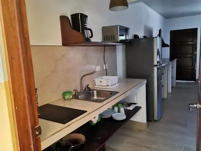 a small kitchen with a sink and a refrigerator at Cabinas El Colibri, Apart Hotel in Carrillo