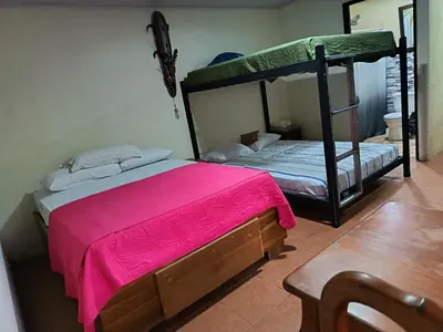 a bedroom with a bunk bed with a pink blanket at Granja Agua Azul, Wi-FI,AC-WC,Parking,la Fortuna in Fortuna