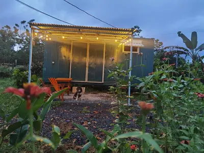 a tiny house with a dog in the yard at The Chocolate Lodge in Jiménez