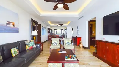 a living room with a couch and a tv at 360 Splendor 207F-Ocean View Residence-Breakfast in Playa Flamingo