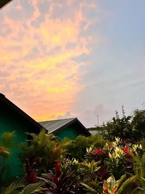 a sunset over a house with plants and trees at Encanto Arenal lodge in Fortuna