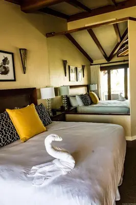 a swan laying on a bed in a room at Palms 5 Luxury Beachfront Villa in Playa Flamingo