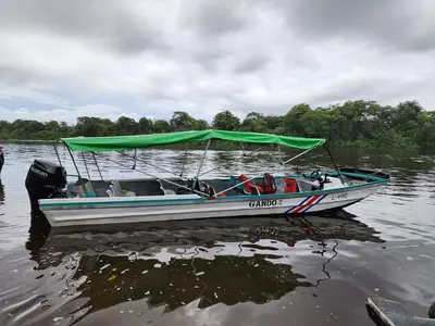 a boat with a green canopy sitting in the water at Departamento 7 Tortuguero in Tortuguero