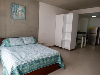 a bedroom with a bed and a refrigerator at iFreses, Study Full equipped whith Pool, air- conditioning, spectacular view of the city, parking with additional payment in Curridabat