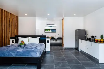 a bedroom with a large bed and a kitchen at House of Nomad - Adults only in Tamarindo