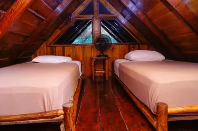 a bedroom with two beds and a window in a cabin at Tree Houses Hotel Costa Rica in Florencia