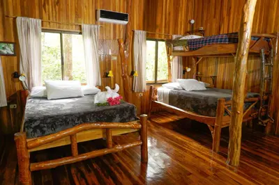 two bunk beds in a room with wooden walls at Tree Houses Hotel Costa Rica in Florencia