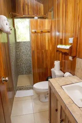 a bathroom with a toilet and a shower and a sink at Tree Houses Hotel Costa Rica in Florencia