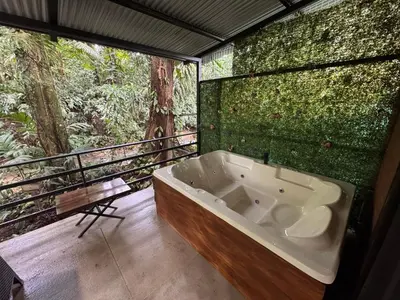 a bath tub in a room with moss on the wall at The frog house in Fortuna