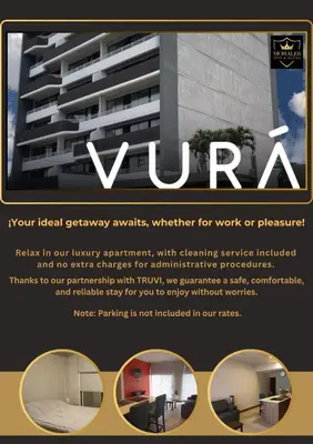 a flyer for a apartment building with a banner at Vurá 201 in San José