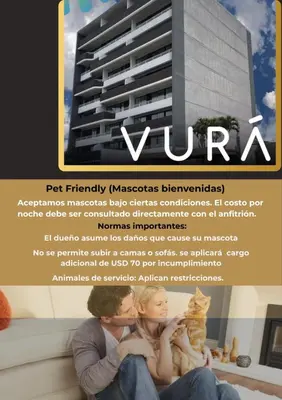a flyer for a apartment building with two people sitting on a couch at Vurá 201 in San José