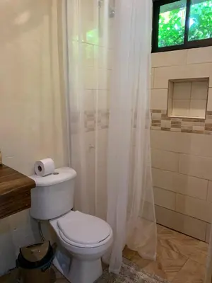 a bathroom with a toilet and a shower with a window at Apartamento Entero El Guanacaste con Piscina Compartida in Santa Cruz