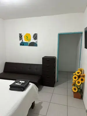 a living room with a black couch and a vase of flowers at Tourquesa Excellent WiFi Private in Liberia