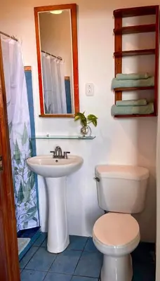 a bathroom with a toilet and a sink at The Chorotega Hotel, Montezuma in Montezuma