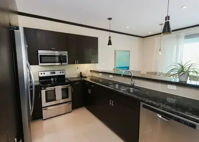 a kitchen with stainless steel appliances and black cabinets at Diamante del Sol 202N - 2nd Floor Ocean View in Jacó