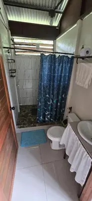 a bathroom with a shower and a toilet and a sink at Boca Tapada Inn in Boca Tapada