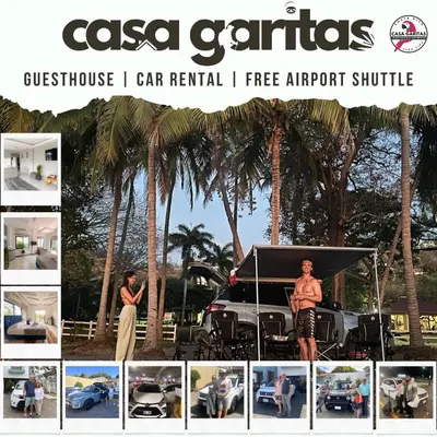 a collage of photos of a man standing under a tent at Casa Garitas GuestHouse & Car Rental - Free SJO Airport Shuttle - Nationwide Private Shuttle Services - casagaritas com in Santiago Este